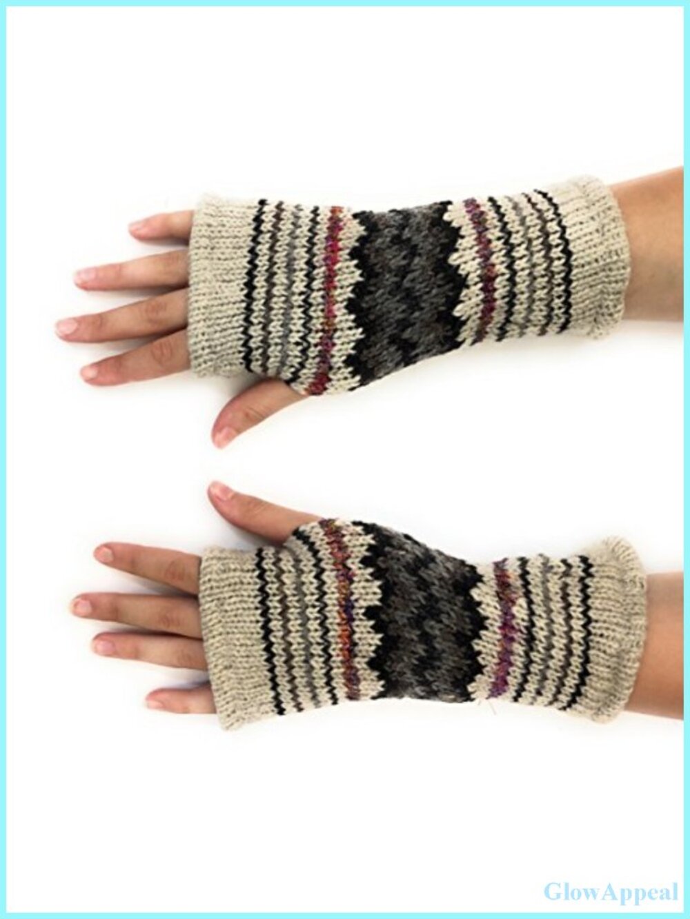 Hand Knit Fingerless Striped Texting Gloves, Warm Wool Fleece Lined